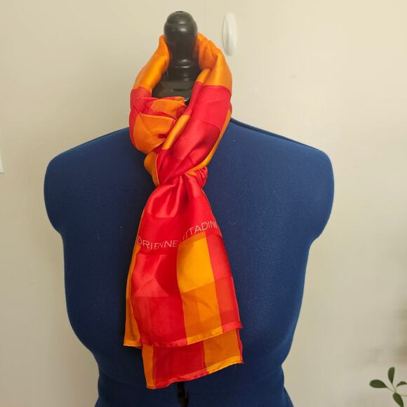 Vtg Adrienne Vittadini Silk Scarf Large Geo Colorblock n Red, Orange & Gold - Picture 2 of 4
